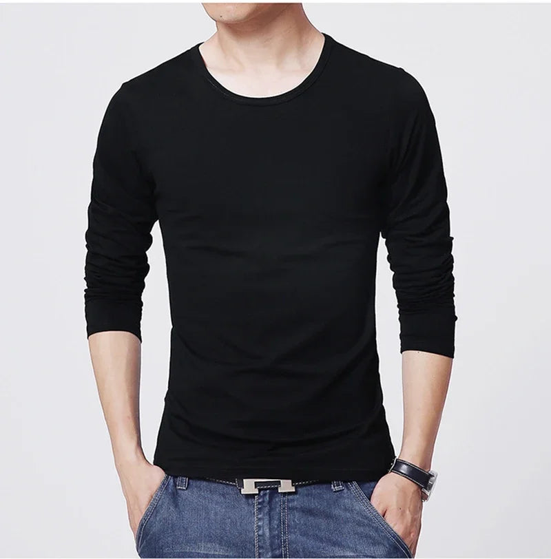 New Men's T-Shirts Long Sleeve Slim Men T-Shirt Young Man Pure Color Tops Tees Shirt O-Neck For Male Boys Tshirt