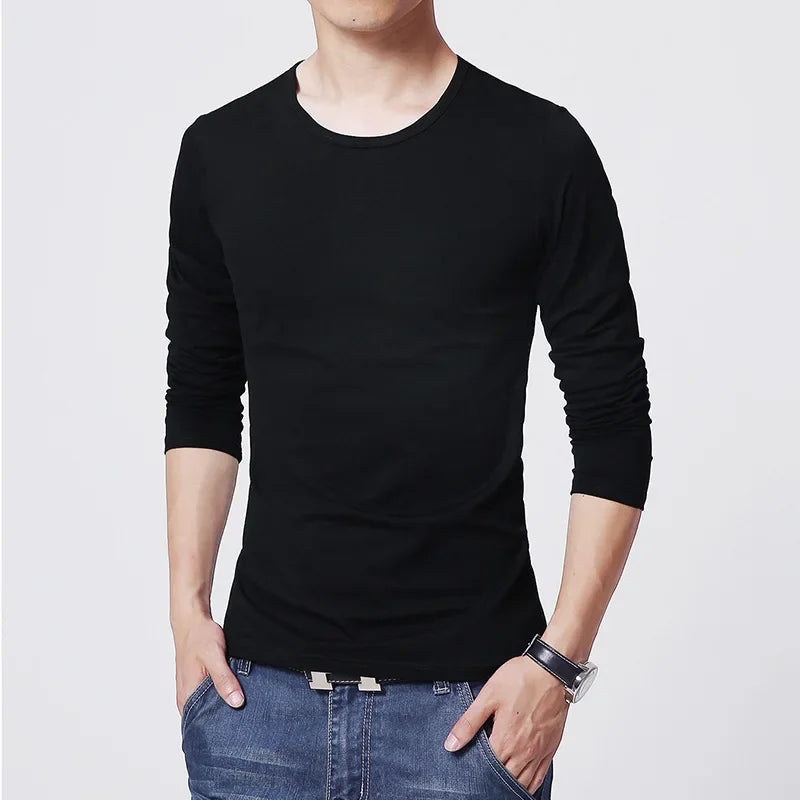 New Men's T-Shirts Long Sleeve Slim Men T-Shirt Young Man Pure Color Tops Tees Shirt O-Neck For Male Boys Tshirt