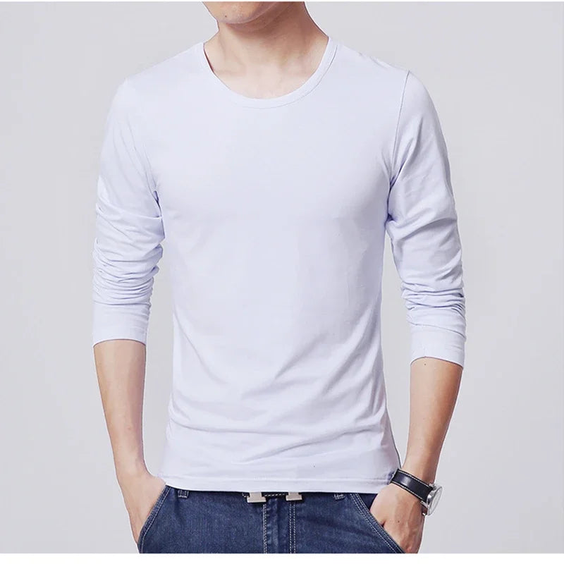 New Men's T-Shirts Long Sleeve Slim Men T-Shirt Young Man Pure Color Tops Tees Shirt O-Neck For Male Boys Tshirt
