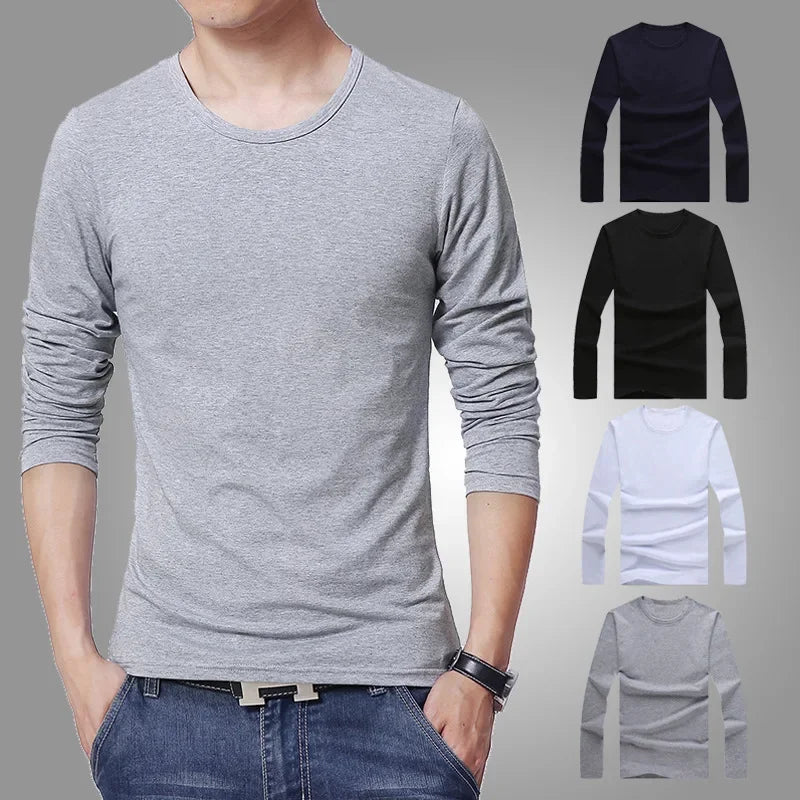 New Men's T-Shirts Long Sleeve Slim Men T-Shirt Young Man Pure Color Tops Tees Shirt O-Neck For Male Boys Tshirt