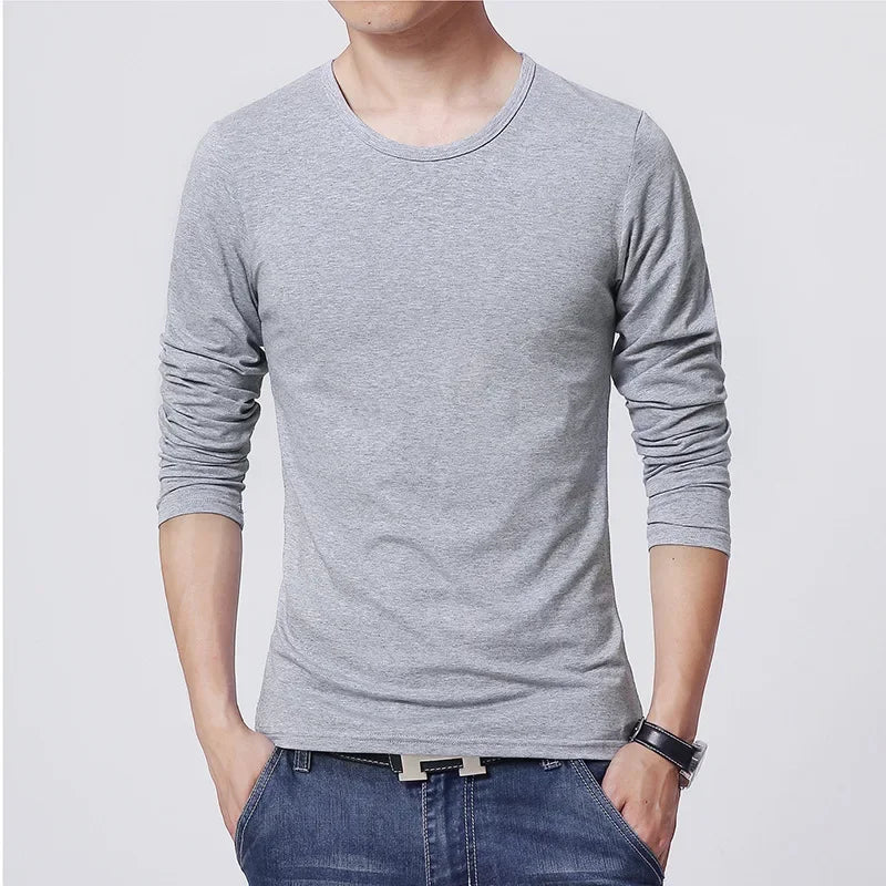 New Men's T-Shirts Long Sleeve Slim Men T-Shirt Young Man Pure Color Tops Tees Shirt O-Neck For Male Boys Tshirt
