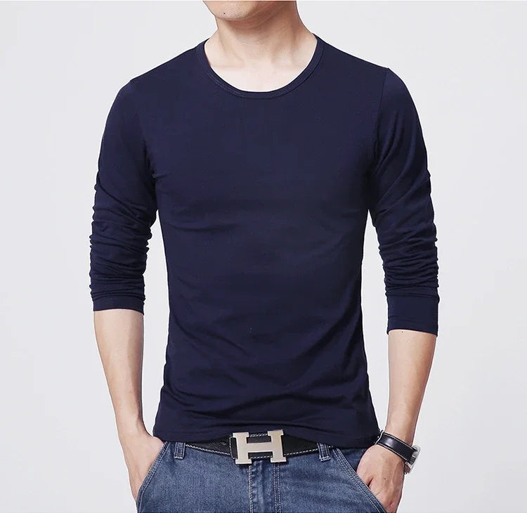 New Men's T-Shirts Long Sleeve Slim Men T-Shirt Young Man Pure Color Tops Tees Shirt O-Neck For Male Boys Tshirt