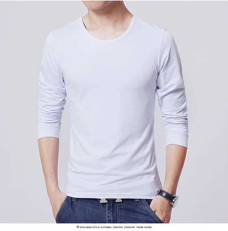 New Men's T-Shirts Long Sleeve Slim Men T-Shirt Young Man Pure Color Tops Tees Shirt O-Neck For Male Boys Tshirt