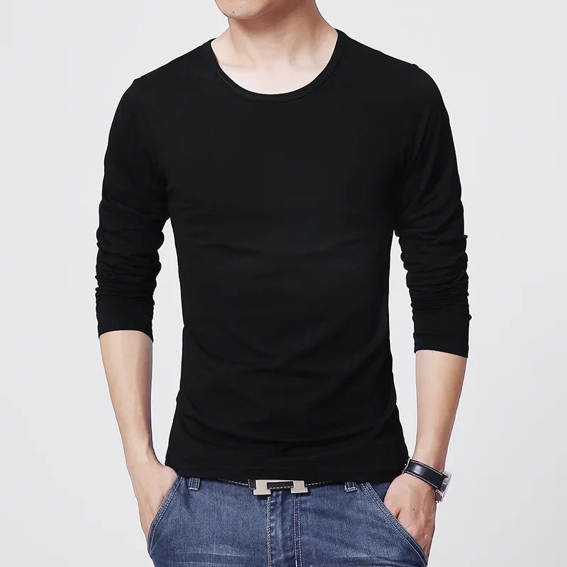 New Men's T-Shirts Long Sleeve Slim Men T-Shirt Young Man Pure Color Tops Tees Shirt O-Neck For Male Boys Tshirt