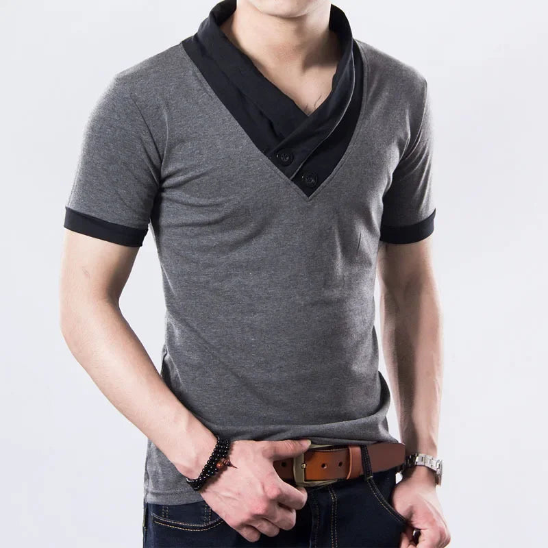 2026 New Summer Casual Men's T Shirt Short-sleeved T-shirt for Male V Collar Big Code Splice Tops T-shirt
