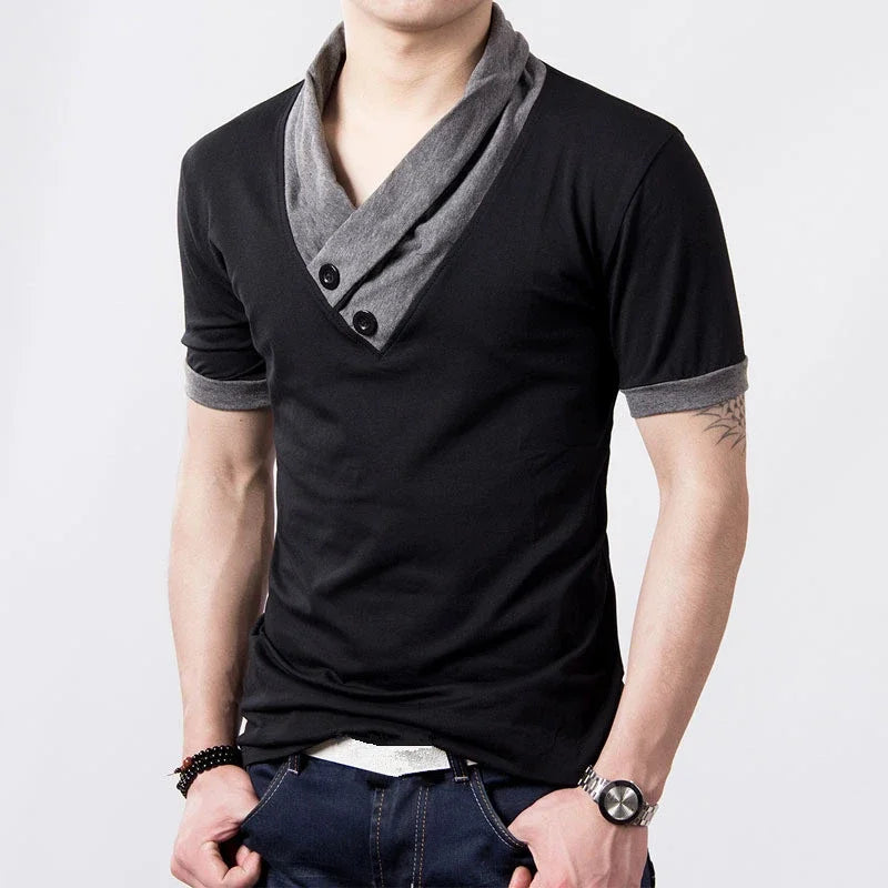2026 New Summer Casual Men's T Shirt Short-sleeved T-shirt for Male V Collar Big Code Splice Tops T-shirt