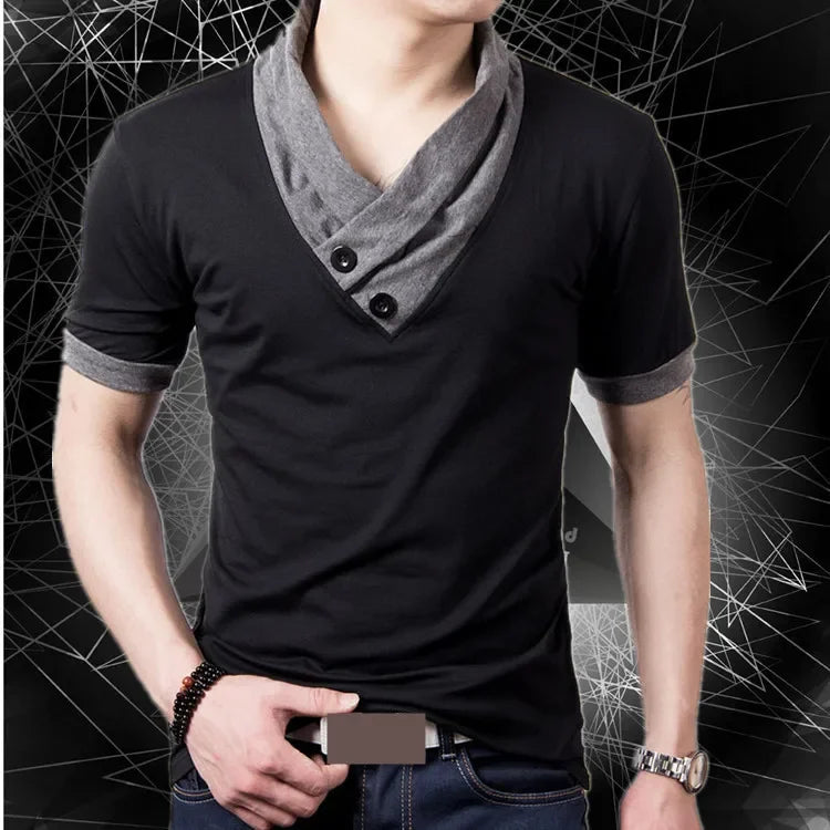 2026 New Summer Casual Men's T Shirt Short-sleeved T-shirt for Male V Collar Big Code Splice Tops T-shirt